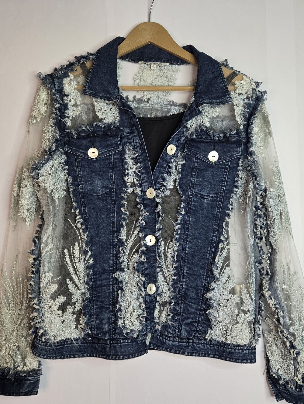 John Mark Women Size S Denim & Lace Cutout Button front Jacket, Patch Pockets
